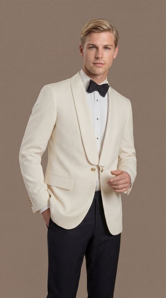 ŞAL YAKA GOLD DÜĞME EKRU SMOKİN