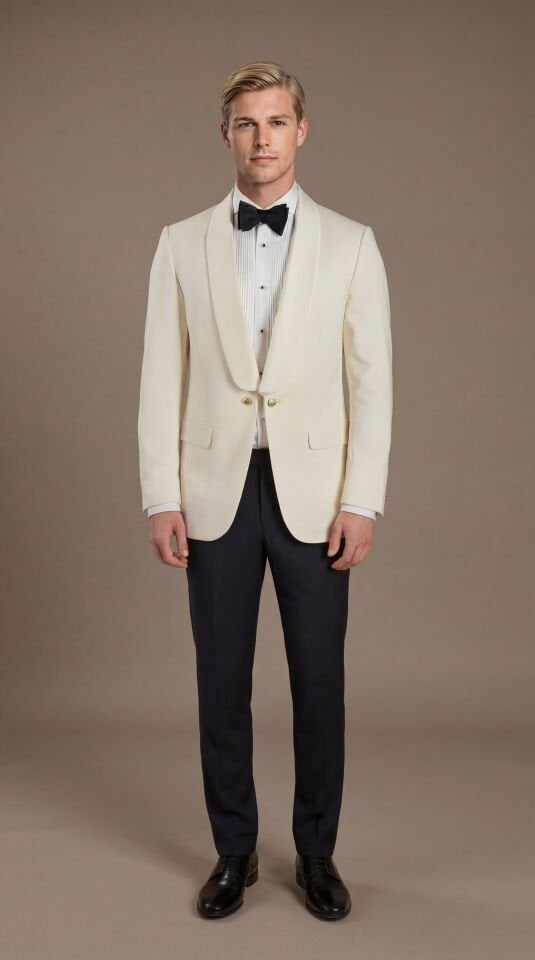 ŞAL YAKA GOLD DÜĞME EKRU SMOKİN